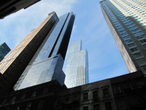 Image of high rise buildings from a ground point of view
