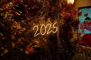 Image of the numbers 2025 glowing in what appears to be a christmas tree